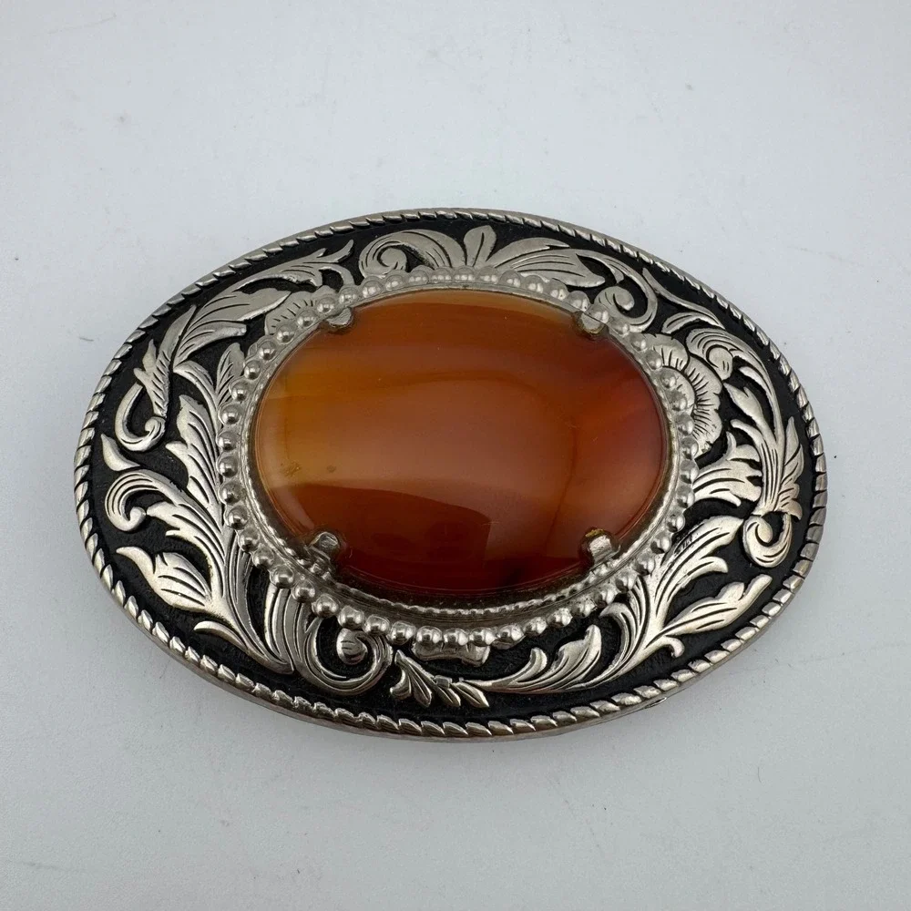 Western Belt Buckle Silver Tone Orange Excellent Floral Agate Scroll
